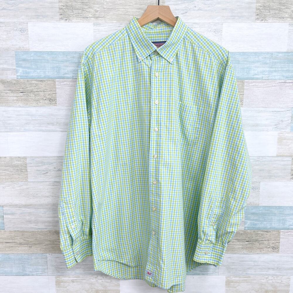 Vineyard Vines Murray Long Sleeve Shirt Green Blue Plaid Cotton Preppy Mens XL